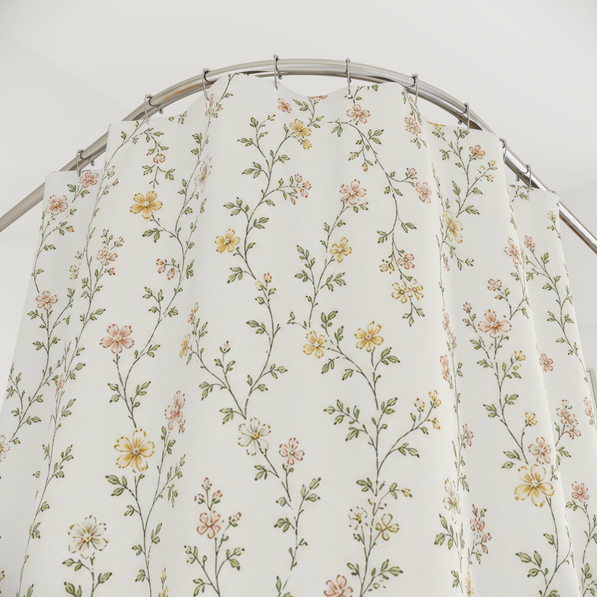 Tiny Leaf Sprig green botanical shower curtain with close-up print, hooks, and folds