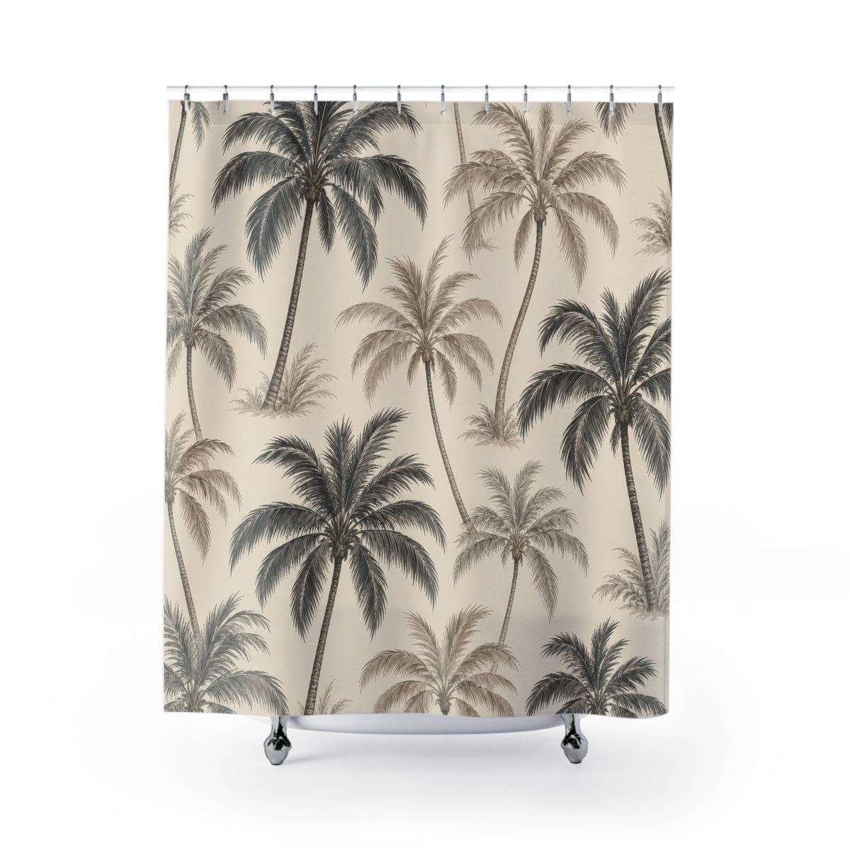 Charcoal and taupe palm trees in a cream botanical toile shower curtain with full front view
