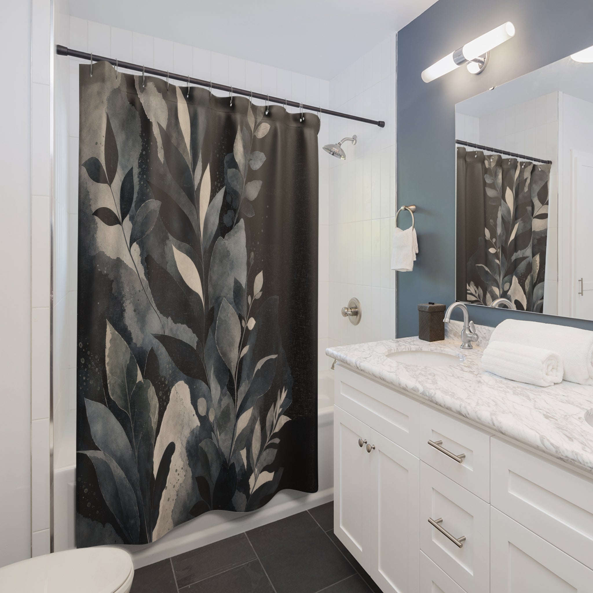 Black Botanical Shower Curtain, Blue Green Leaf Bath Decor, Cream Charcoal Branch Pattern, Moody Nature Guest Bathroom Decor Style