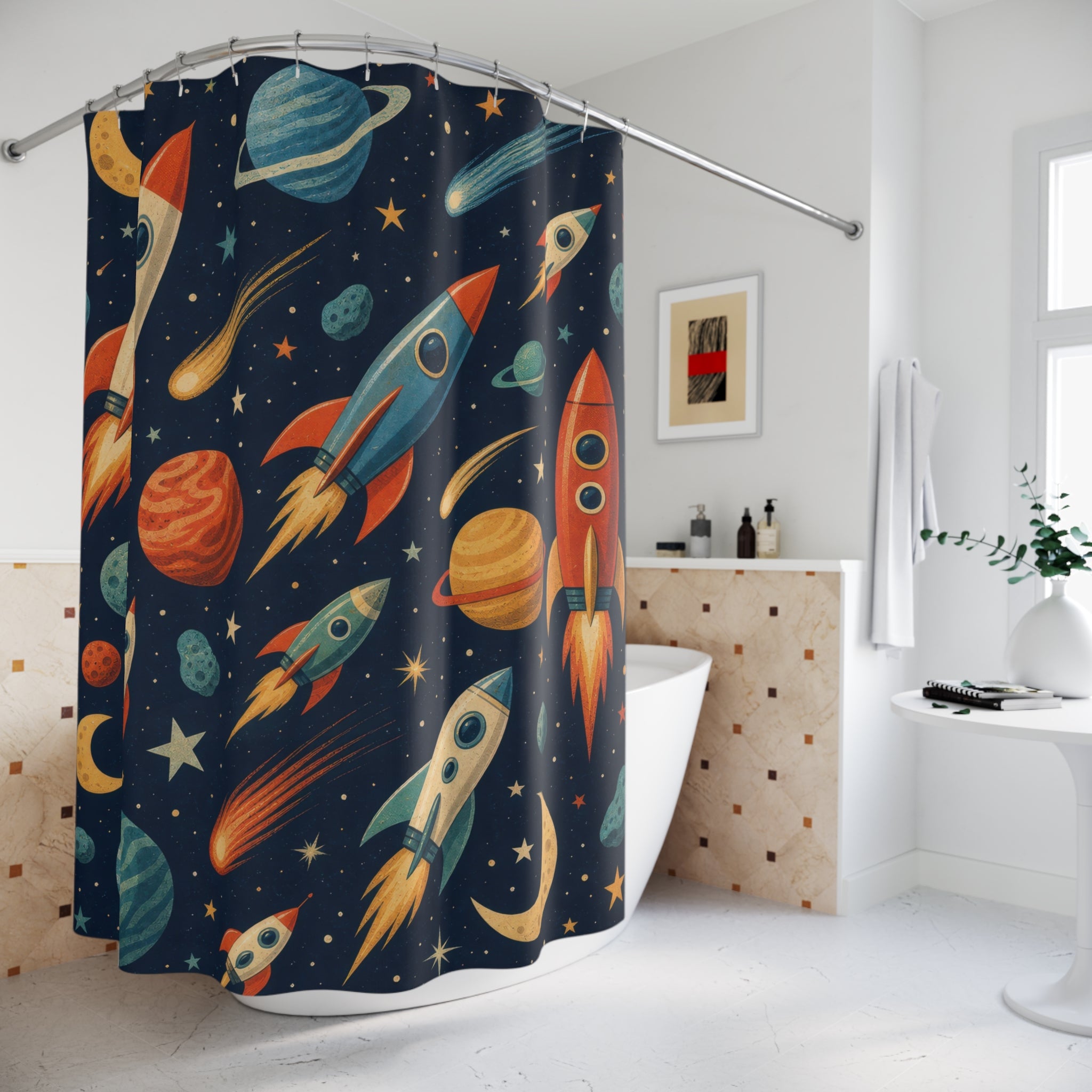 Rocket Ship Shower Curtain, Outer Space Bathroom Decor, Planets and Stars Bath Curtain, Kids Bathroom Art, Boys Space Decor, Space Bath Art