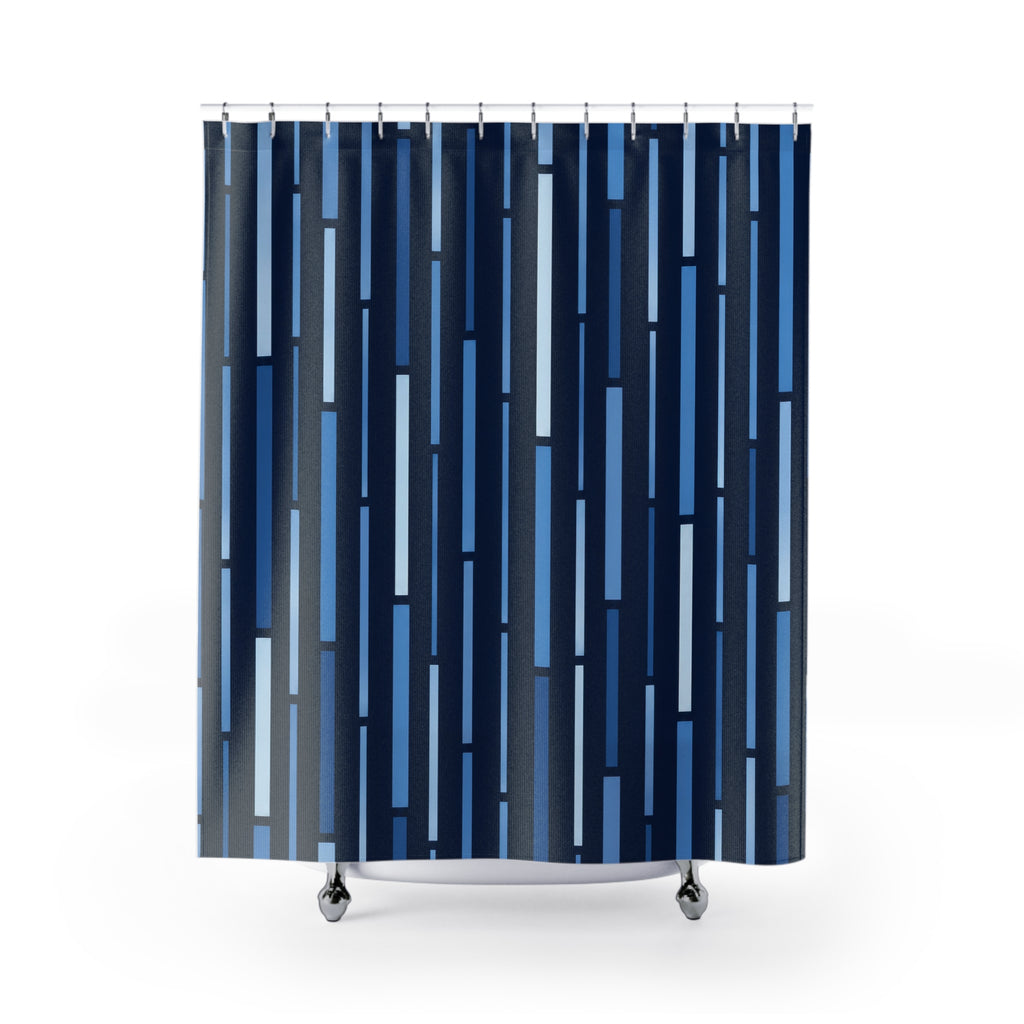 Blue vertical dash stripes on a midnight navy ground shower curtain with full front view
