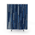 Blue vertical dash stripes on a midnight navy ground shower curtain with full front view