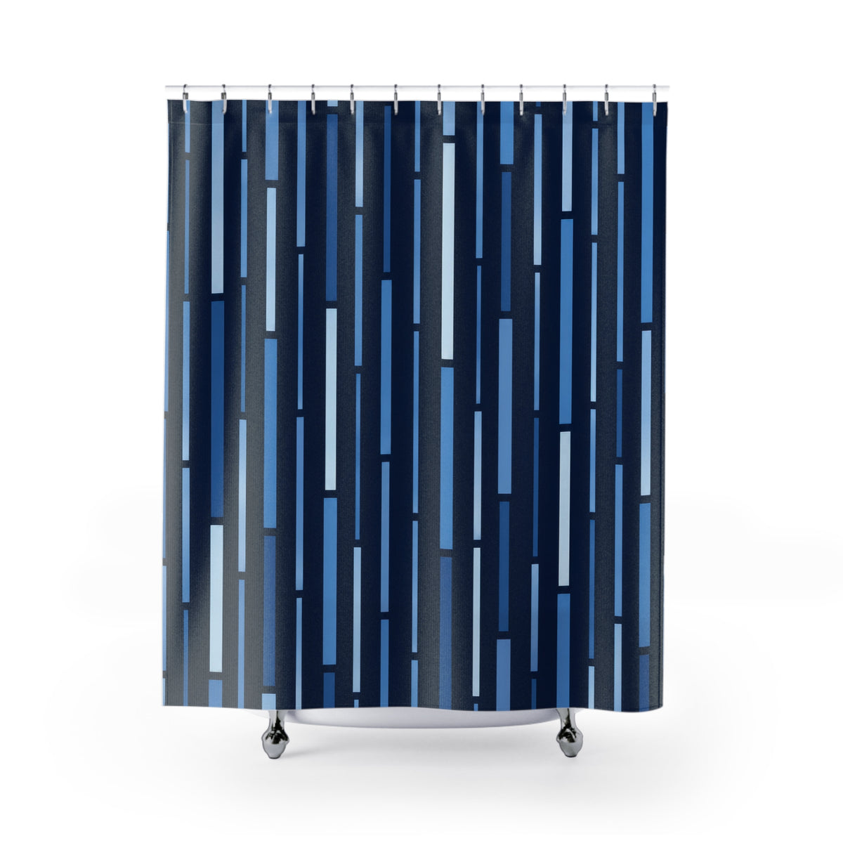 Blue vertical dash stripes on a midnight navy ground shower curtain with full front view
