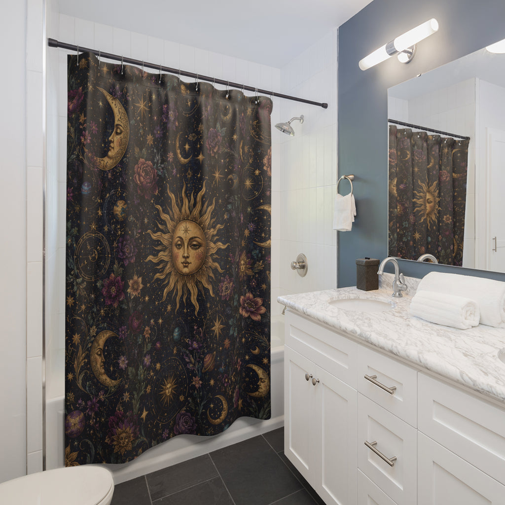 Whimsigoth Shower Curtain: Celestial Floral Moon Sun