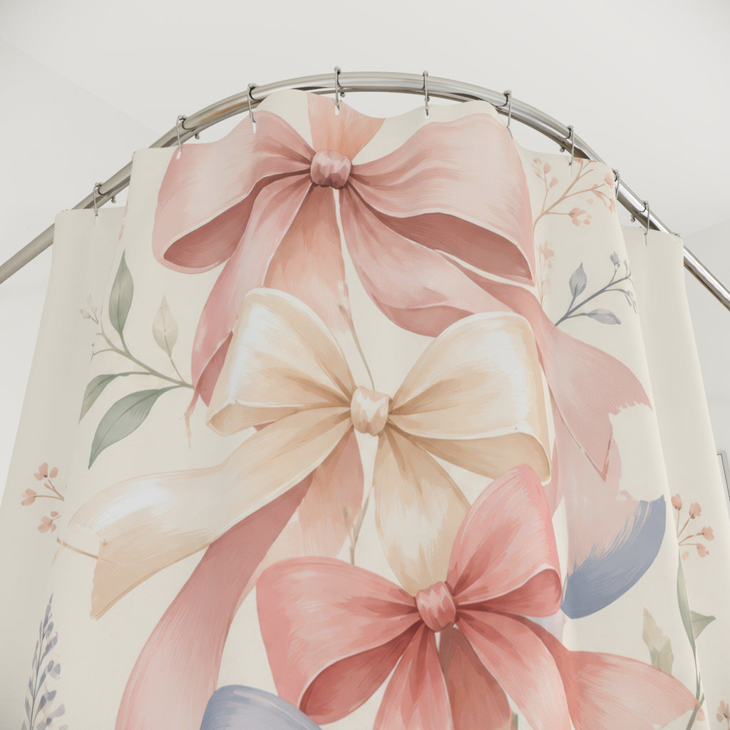 Pastel ribbon bows cascading among delicate botanical sprigs shower curtain with close-up print, hooks, and folds