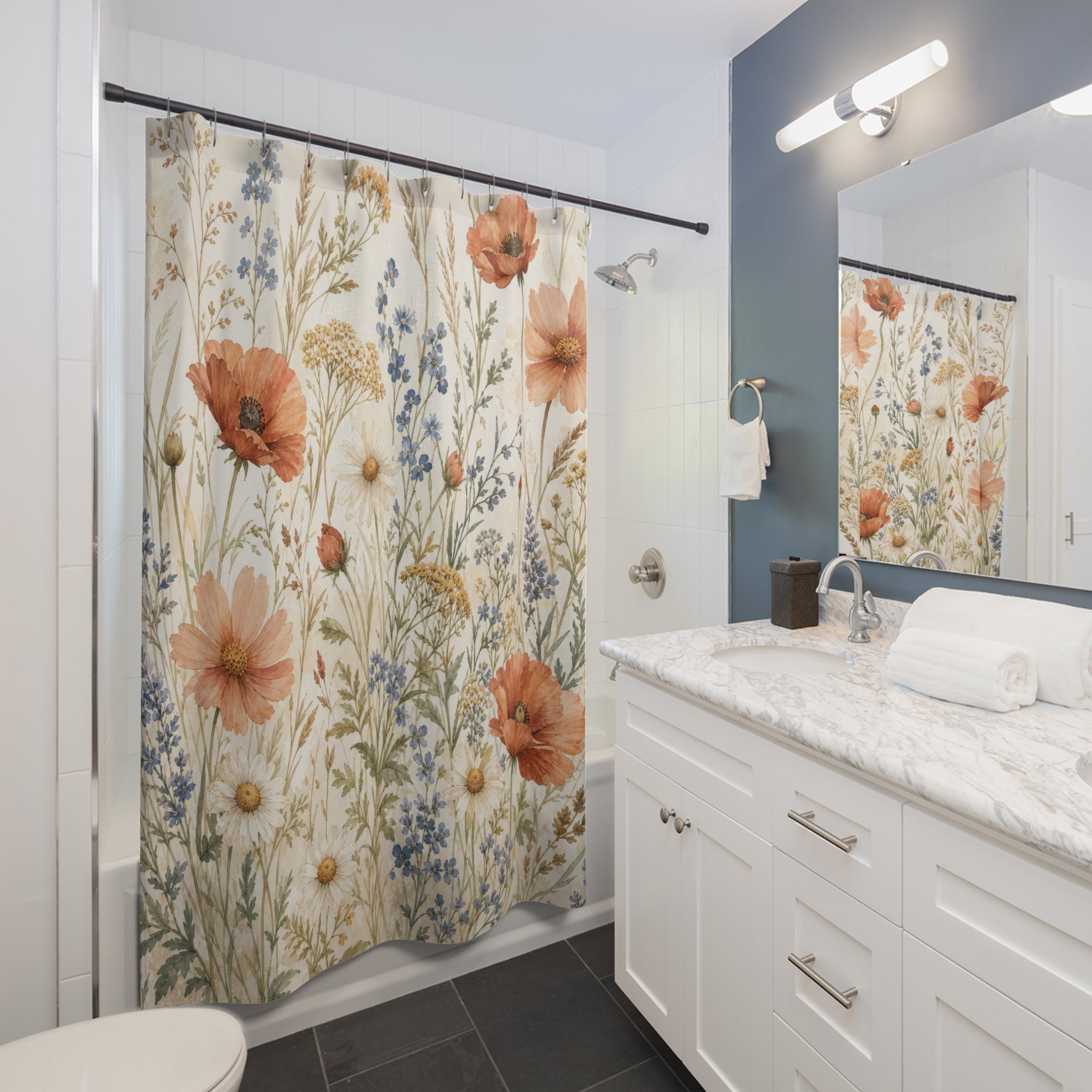 Orange Blue Wildflower Watercolor Shower Curtain