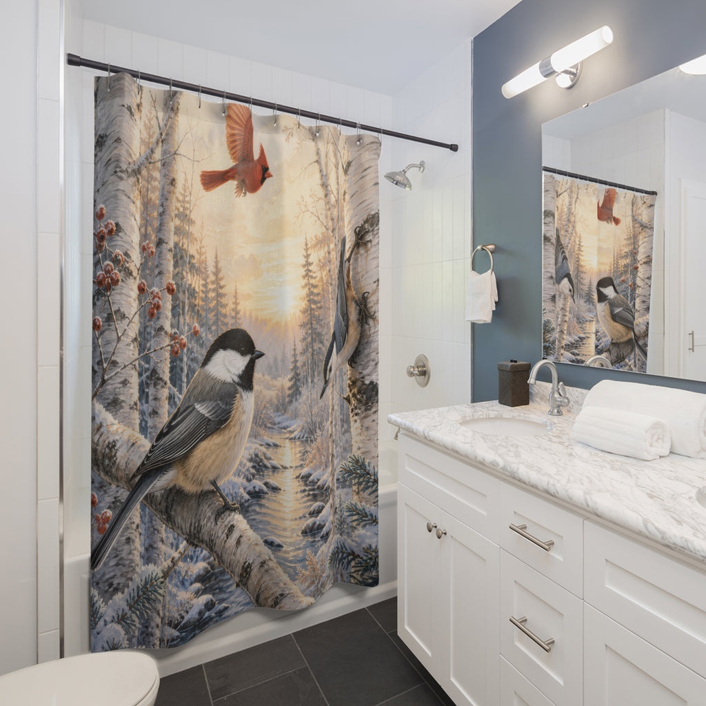 Chickadee cardinal and nuthatch in snowy birches shower curtain beside a white vanity