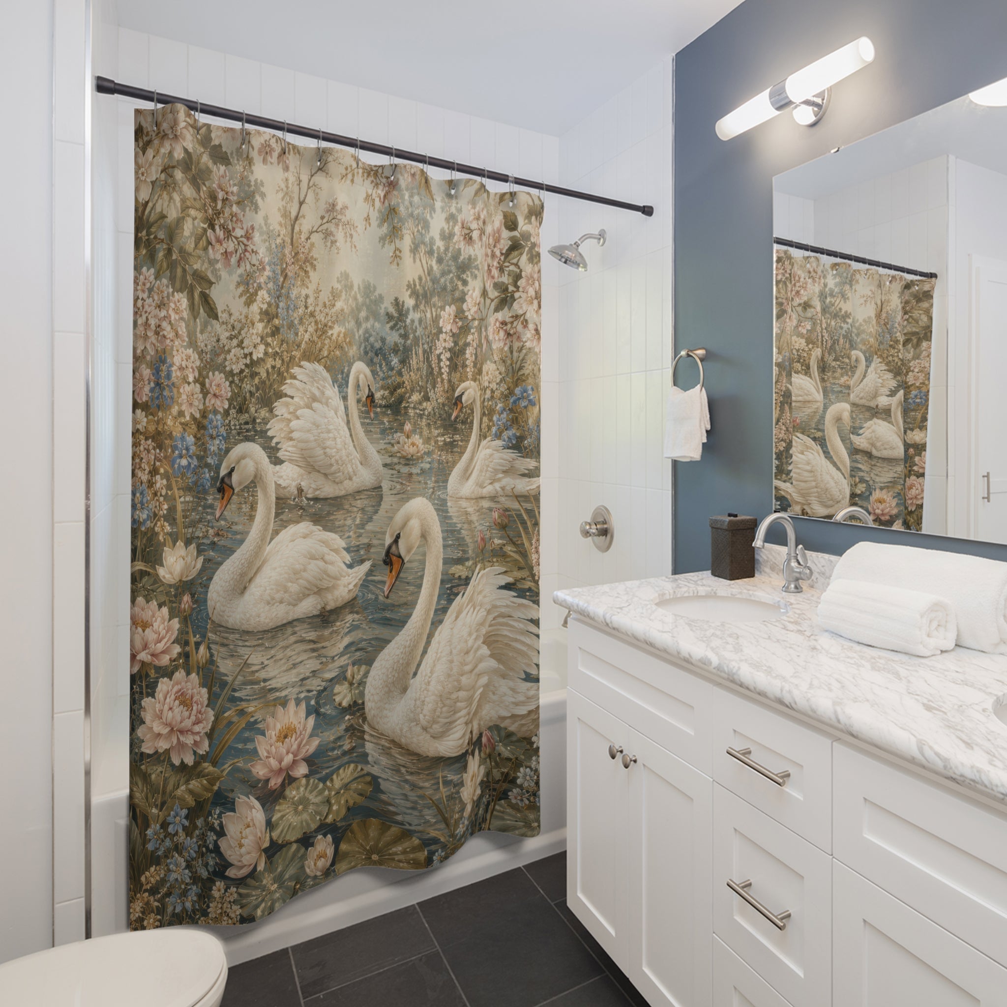 Swan Shower Curtain: Ivory Floral Pond