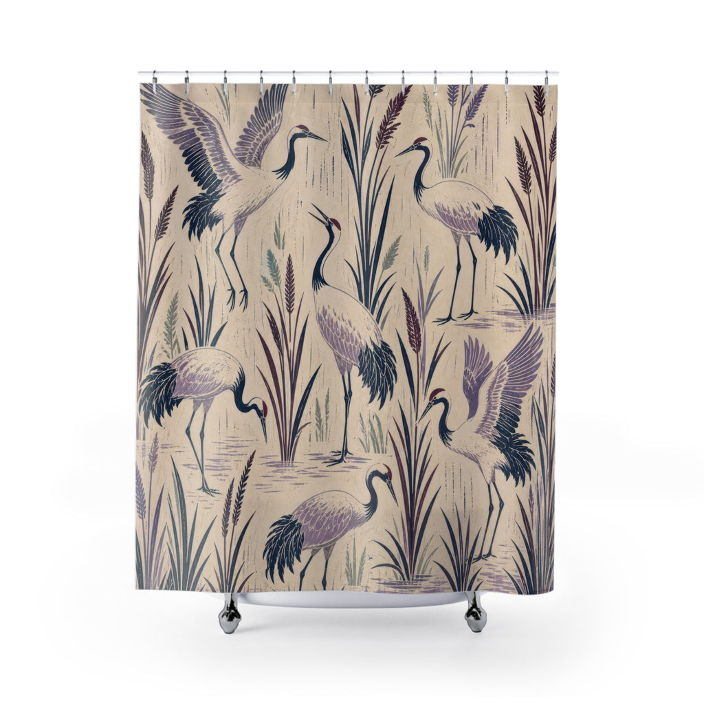 Lavender Crane Block Print Shower Curtain