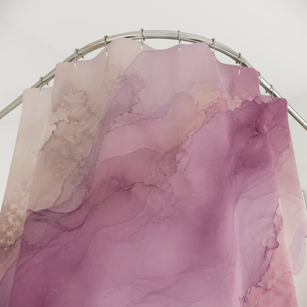 Mauve watercolor pigment currents with dusty rose blooms shower curtain with close-up print, hooks, and folds