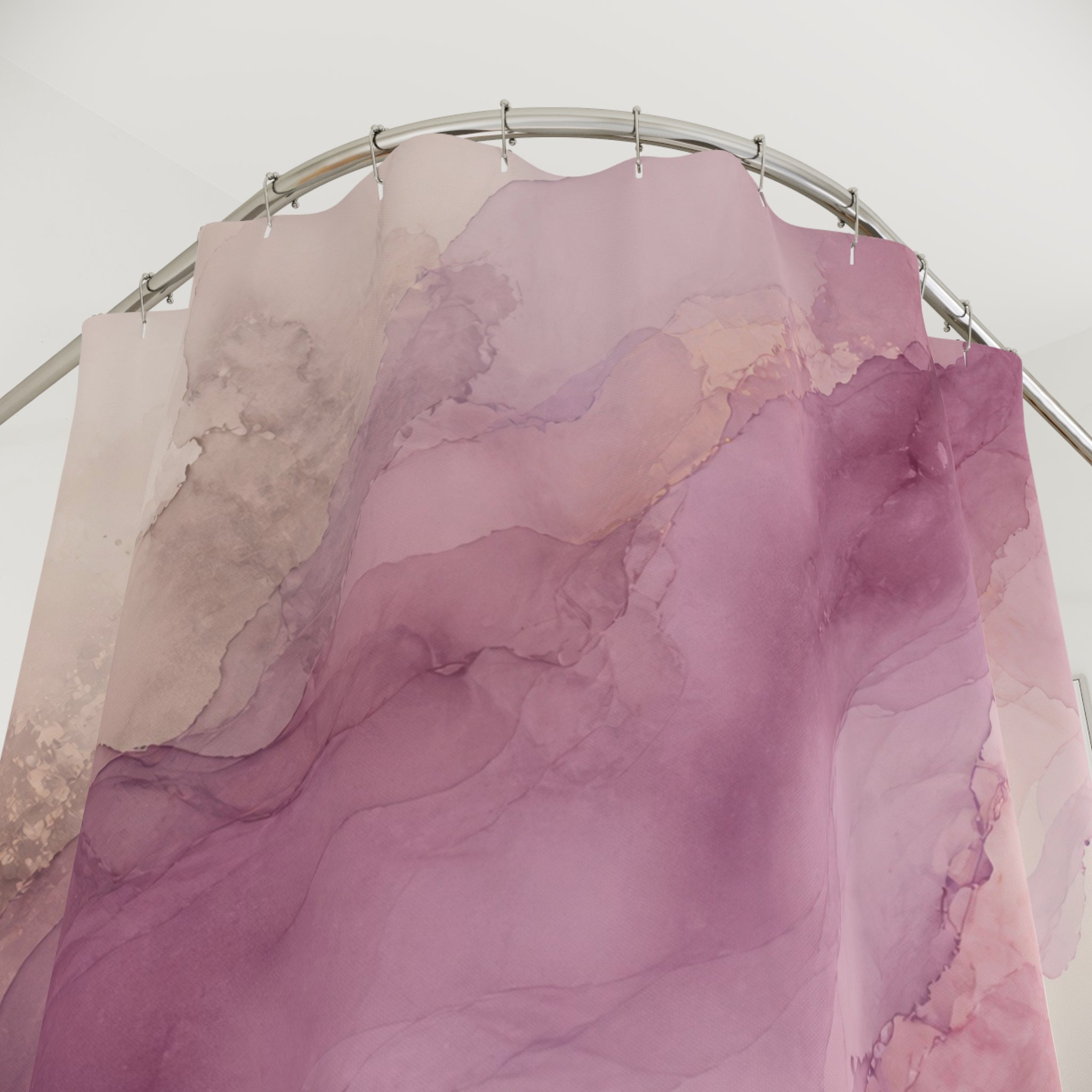 Mauve watercolor pigment currents with dusty rose blooms shower curtain with close-up print, hooks, and folds