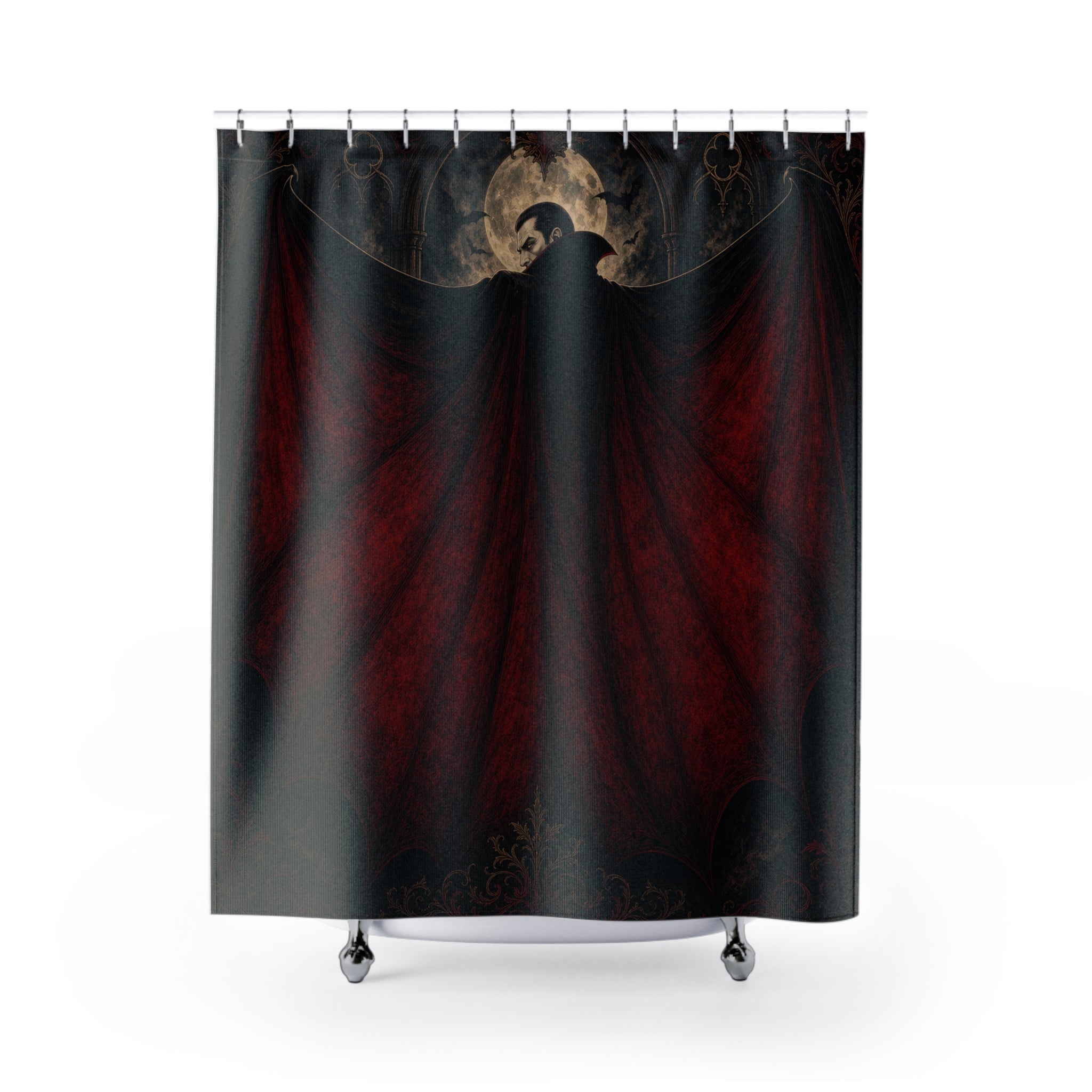 Unique Bat Shower Curtain, Red Gothic Wing Art, Black Vampire Bathroom Decor, Dark Spooky Halloween Guest Bath Accent, Dramatic Bath