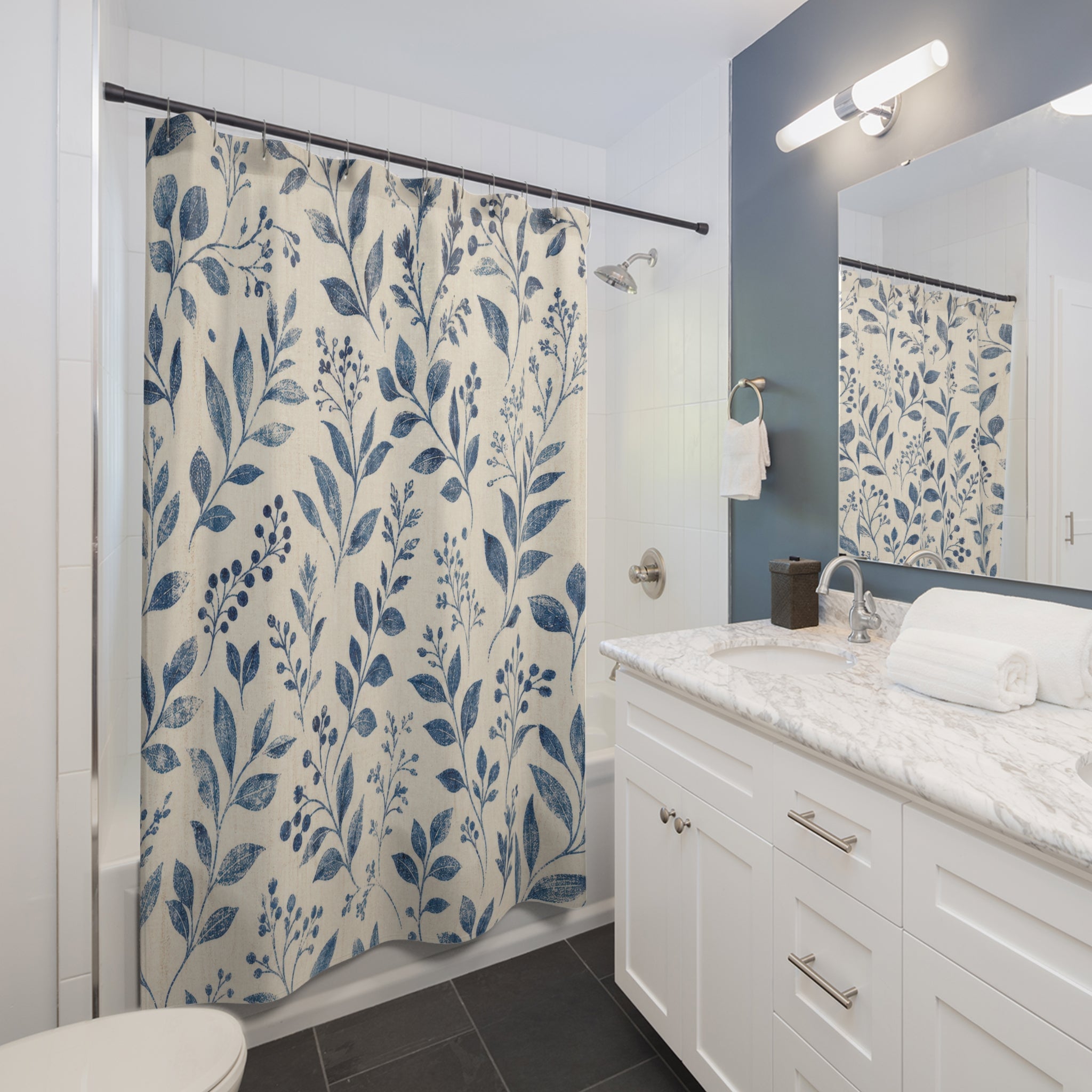 Navy Botanical Leaf Shower Curtain