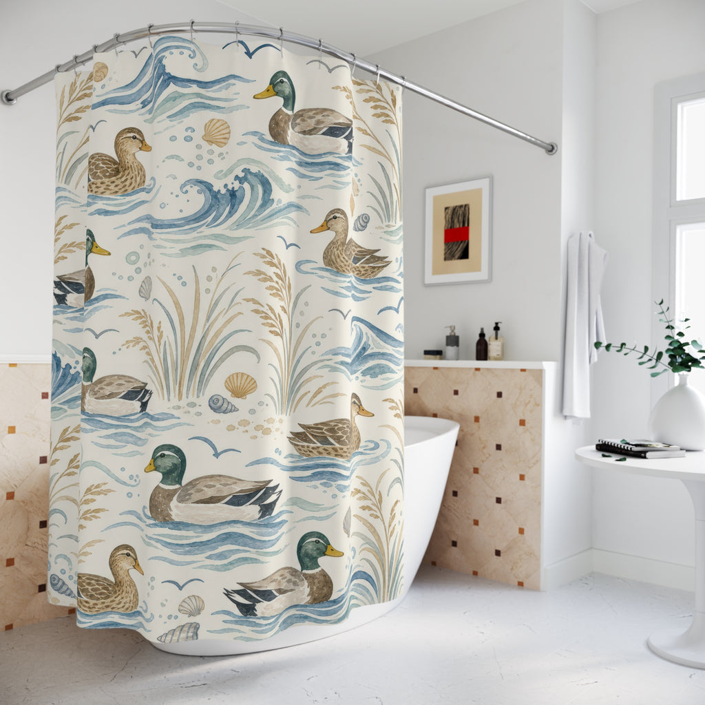 Watercolor Mallard Wave Shower Curtain