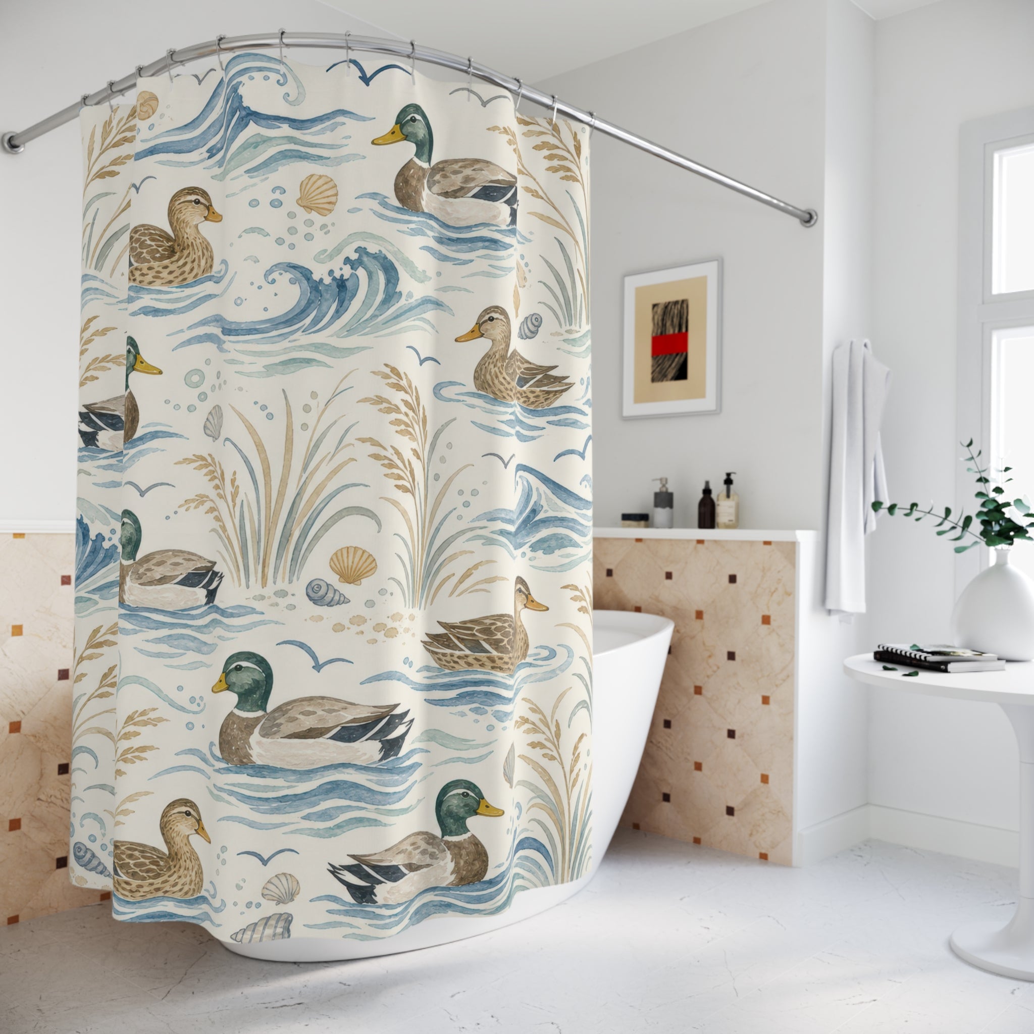 Watercolor Mallard Wave Shower Curtain
