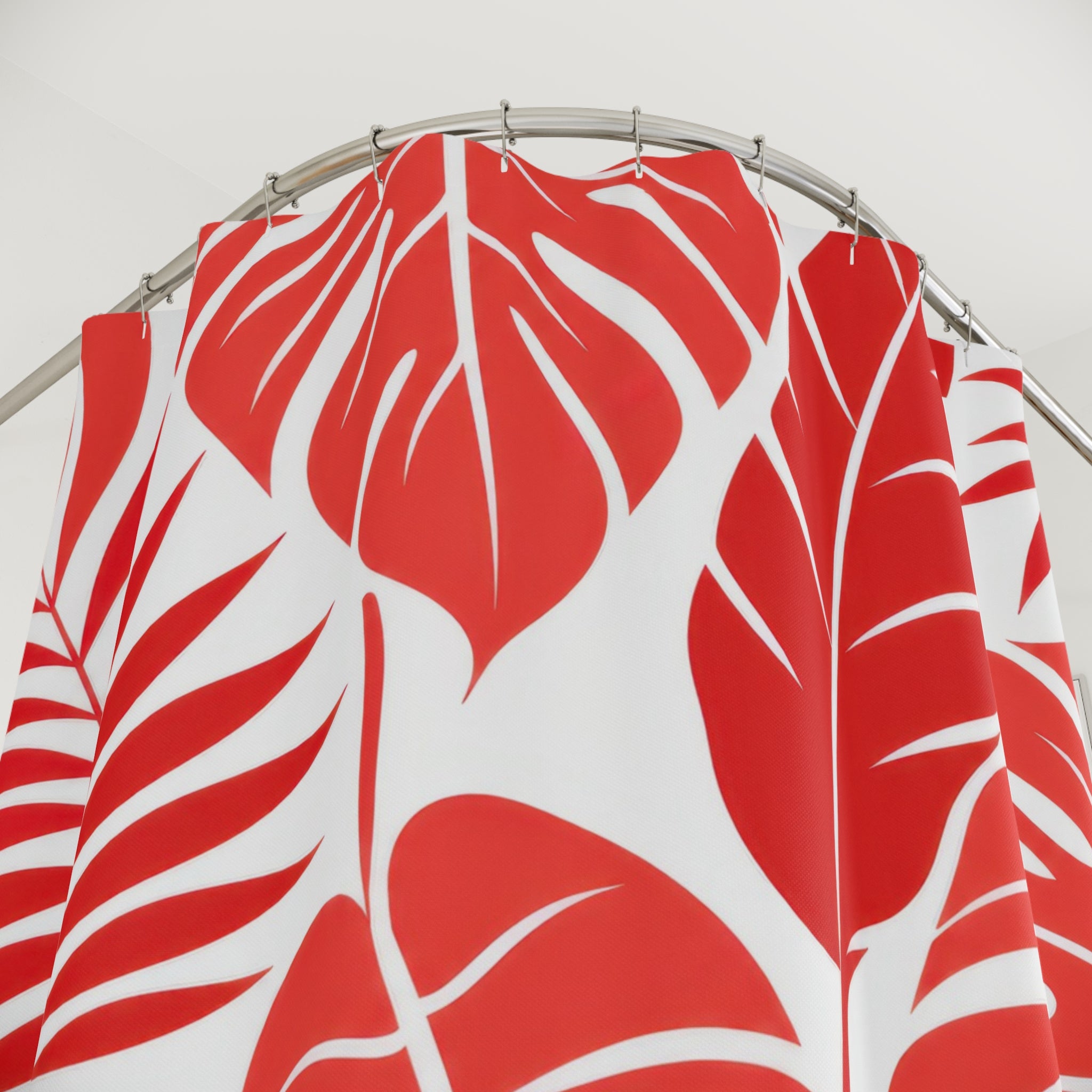 Red Tropical Leaf Shower Curtain, White Monstera Palm Pattern, Bold Botanical Bath Decor, Modern Jungle Guest Bathroom Accent, Spa Style