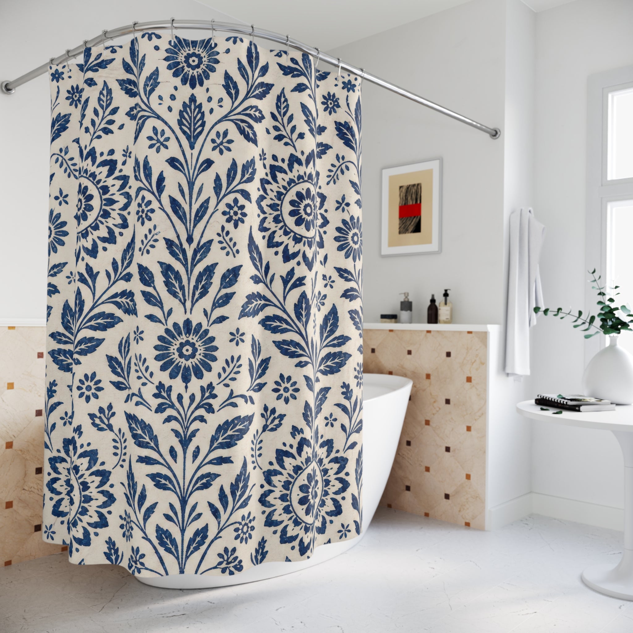 Blue Floral Shower Curtain, Navy Folk Botanical Medallion Pattern, Classic Cream Bathroom Decor, Classic Wall Decor Guest Bath Wall Gift