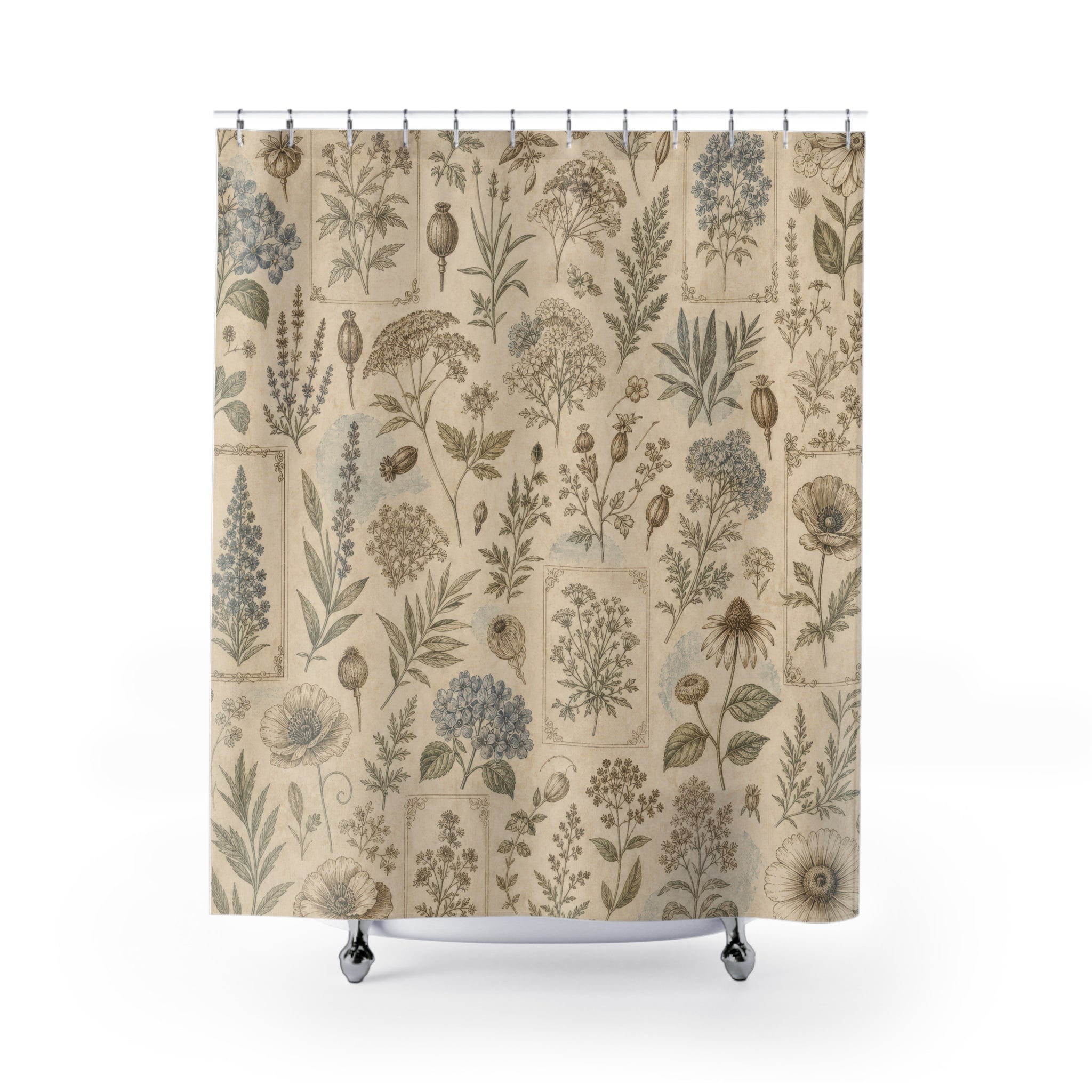 Vintage Wildflower Botanical Farmhouse Beige Blue Brown Shower Curtain