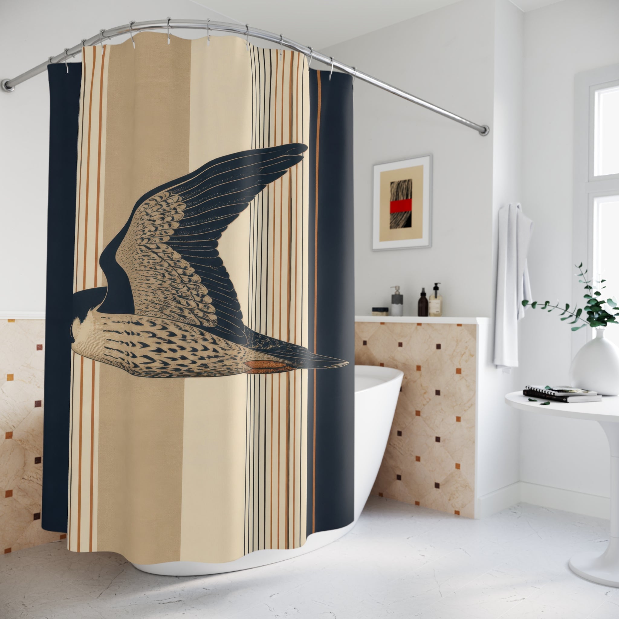Flying block-print falcon over navy flax and ivory stripes shower curtain styled beside a freestanding tub