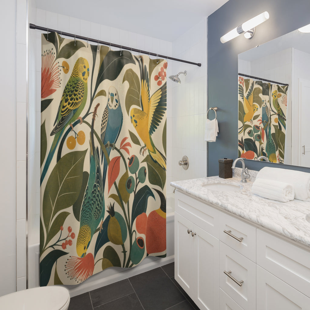 Mid Century Parakeet Garden shower curtain beside a white vanity