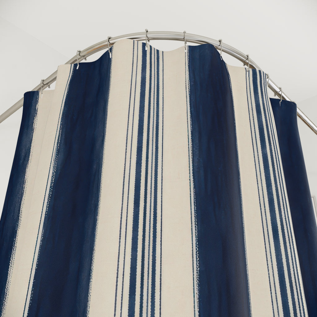 Navy Ivory Vertical Stripe Shower Curtain