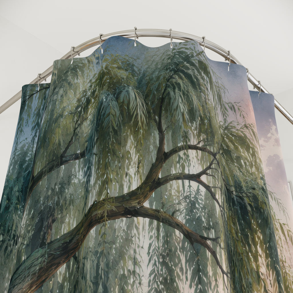 Misty lakeside weeping willow shower curtain with close-up print, hooks, and folds
