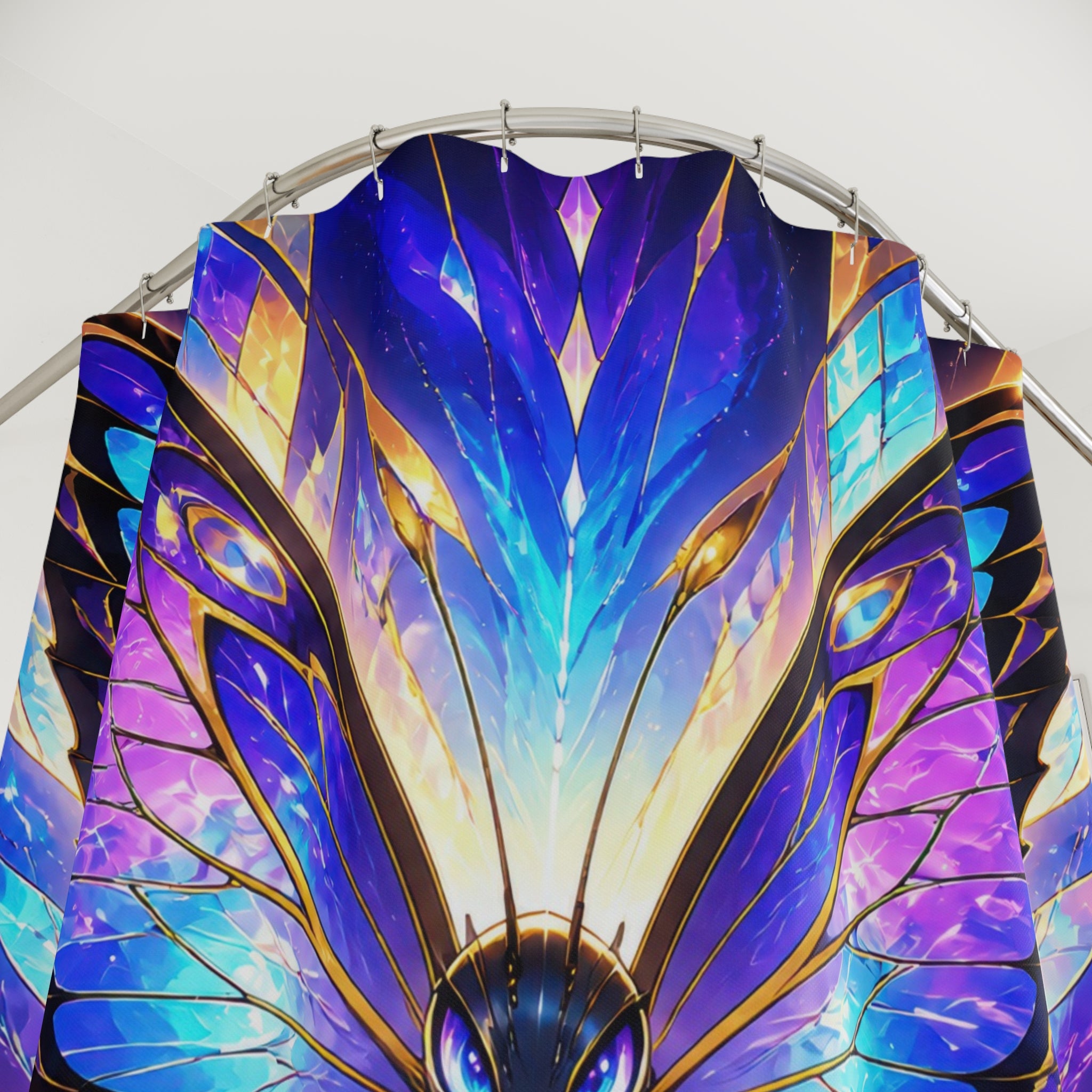 Prismatic butterfly spirit rising through a radiant wingburst shower curtain with close-up print, hooks, and folds