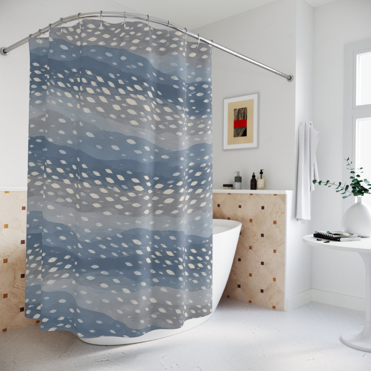 Ivory fawn spots across wavy dusty blue and grey bands shower curtain beside a freestanding tub
