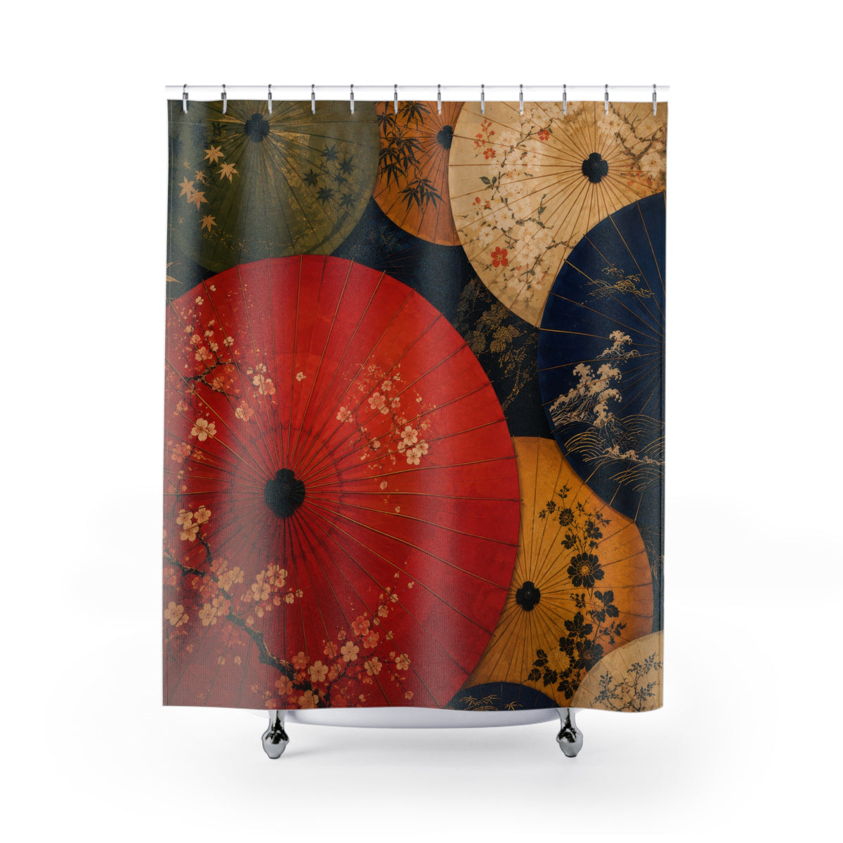 Colorful Japanese wagasa parasol canopy shower curtain with full front view