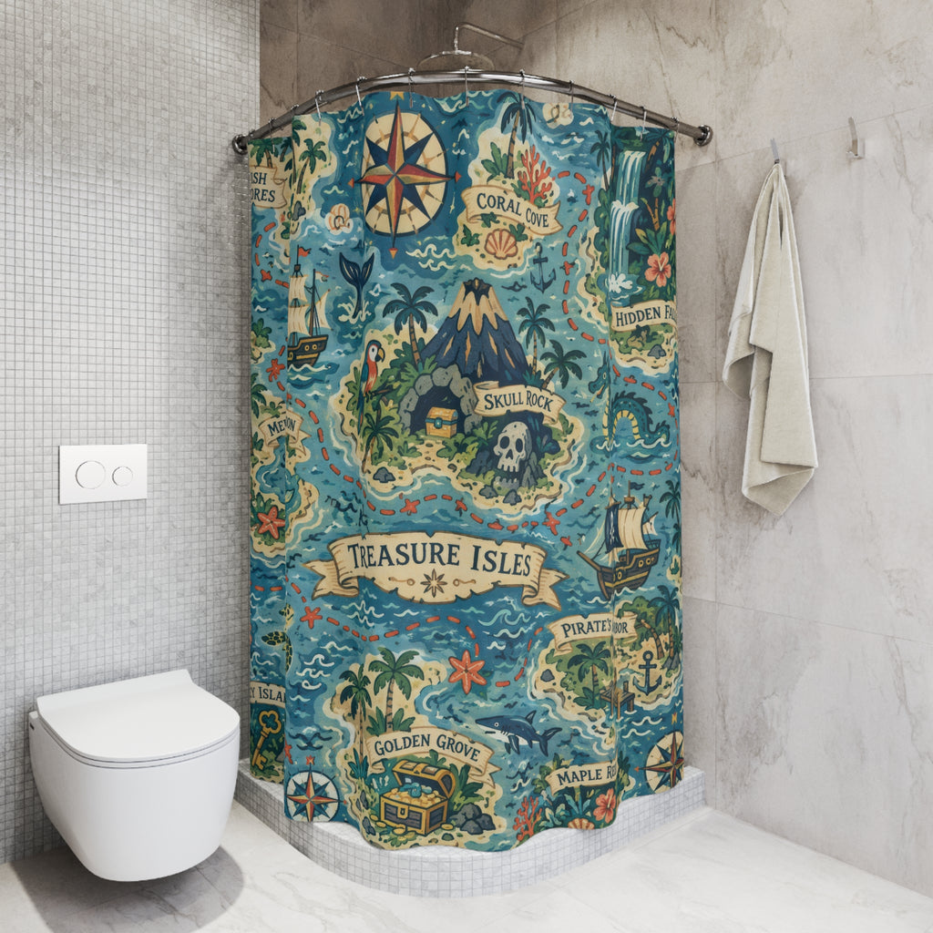 Fantasy Map Shower Curtain – Kids Treasure Island Blue