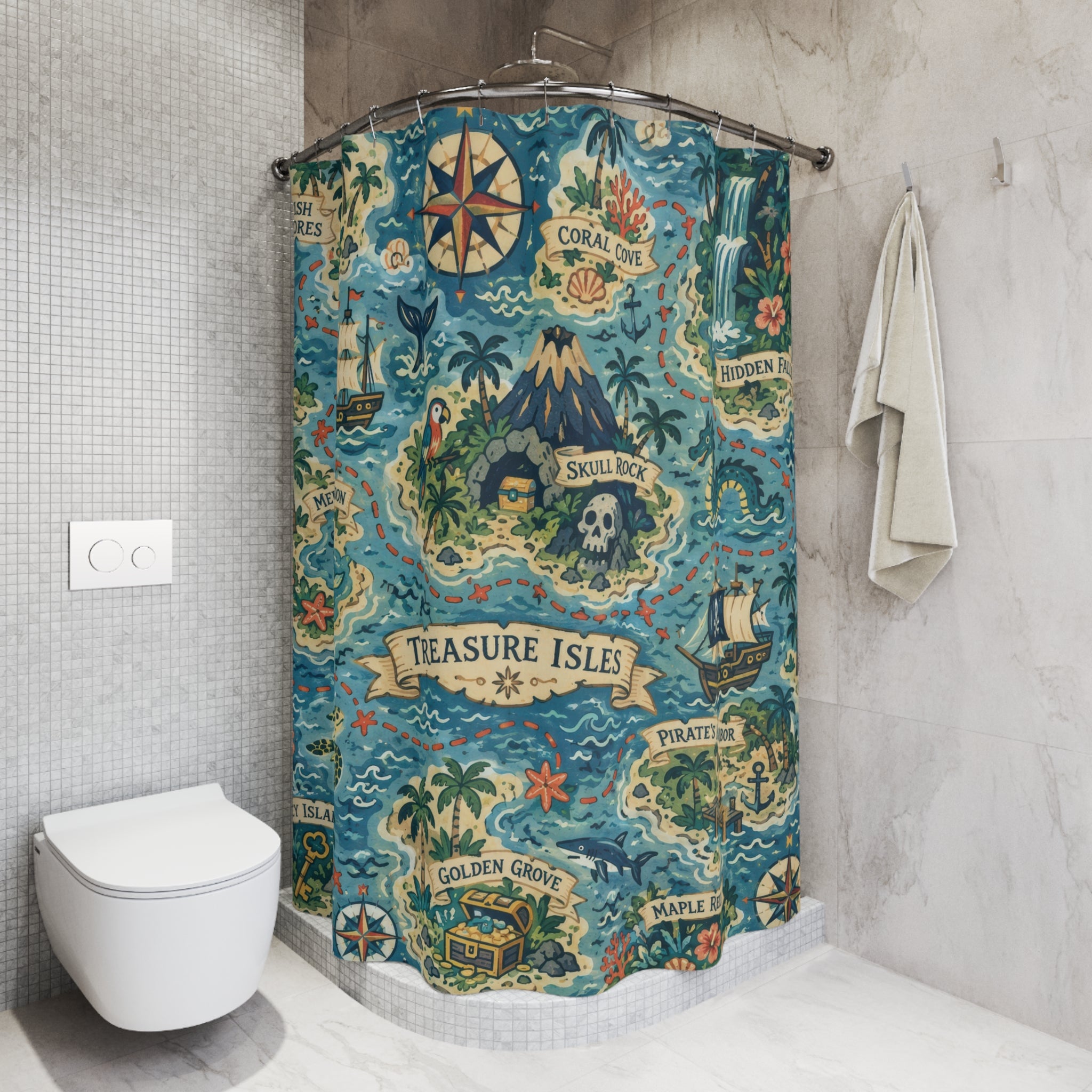 Fantasy Map Shower Curtain – Kids Treasure Island Blue