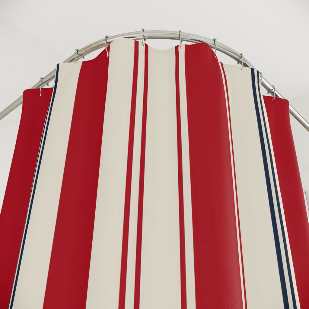Regatta Red Stripe Shower Curtain, Red Navy Classic Bathroom Decor, Modern Stripe Bath Curtain, Guest Bath Decor, Small Bathroom Decor
