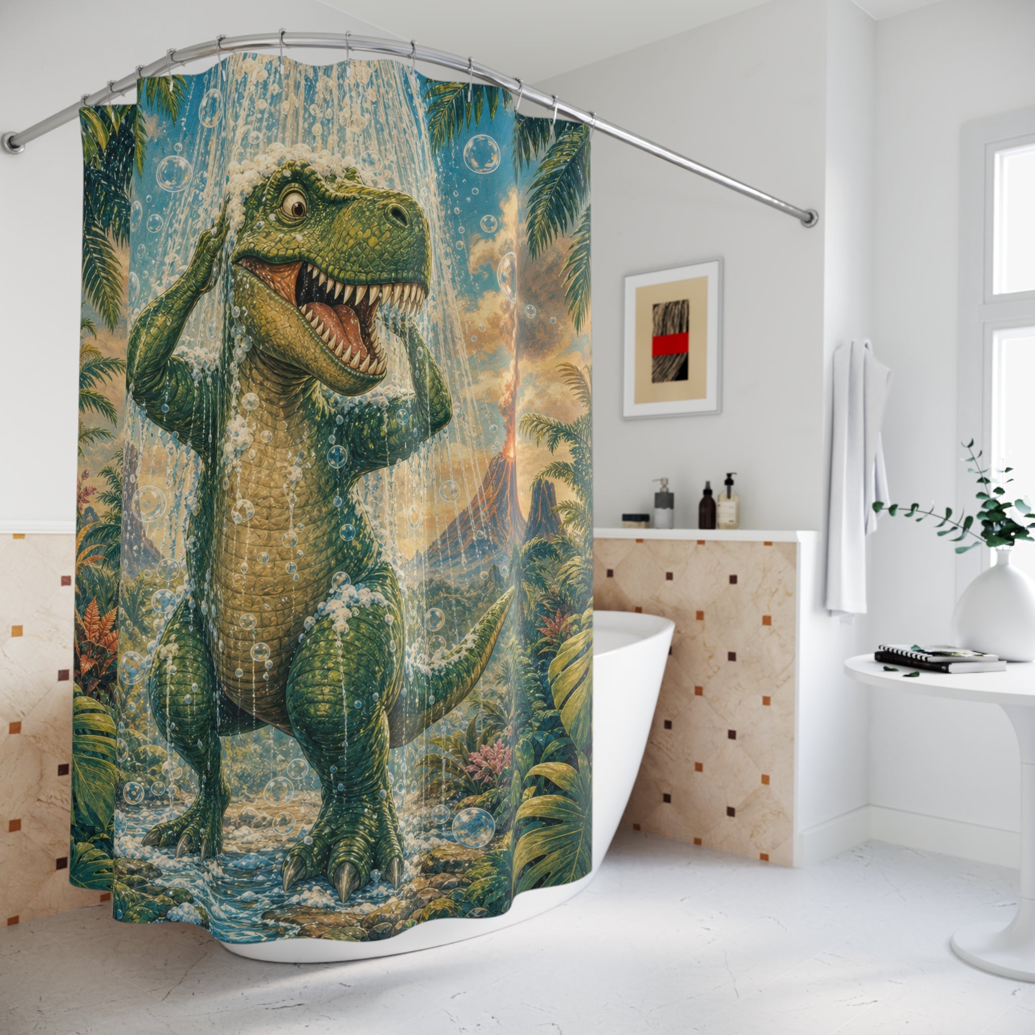 Unique Funny Dinosaur Shower Curtain, T Rex Jungle Bath Art, Tropical Volcano Bathroom Humor, Kids Guest Bath Wall Decor Gift For Home