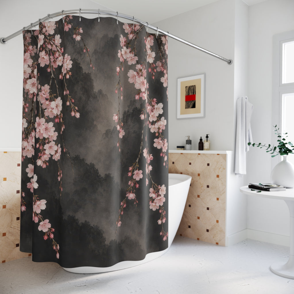 Blush cherry blossom branches on smoky charcoal shower curtain beside a freestanding tub