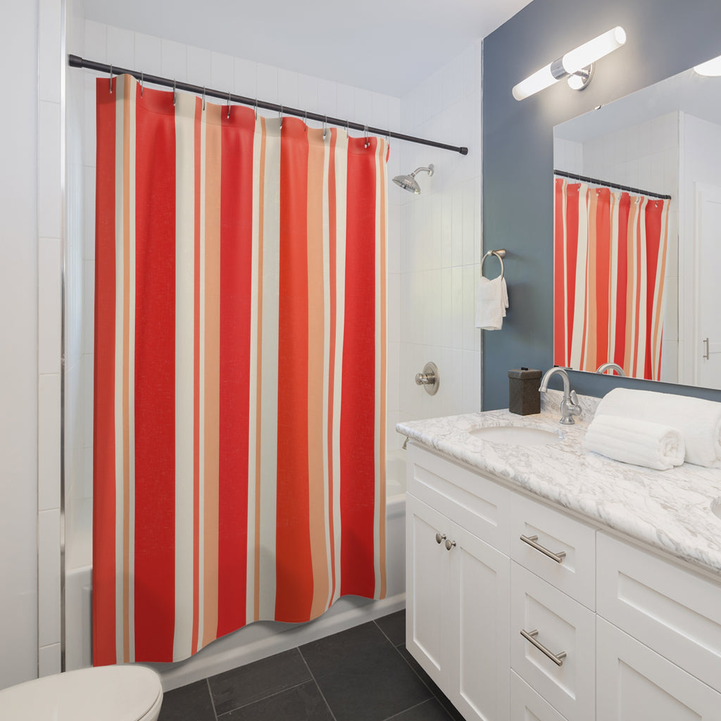 Warm Poppy Coral Stripe Shower Curtain, Poppy Red Classic Bathroom Decor, Modern Stripe Bath Curtain, Guest Bath Decor, Small Bathroom Decor