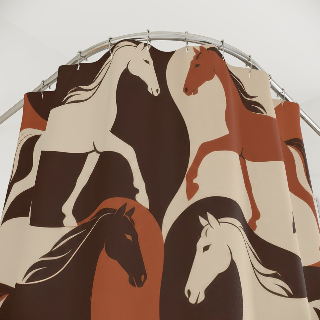Cream, terracotta and brown interlocking horse silhouettes shower curtain with close-up print, hooks, and folds