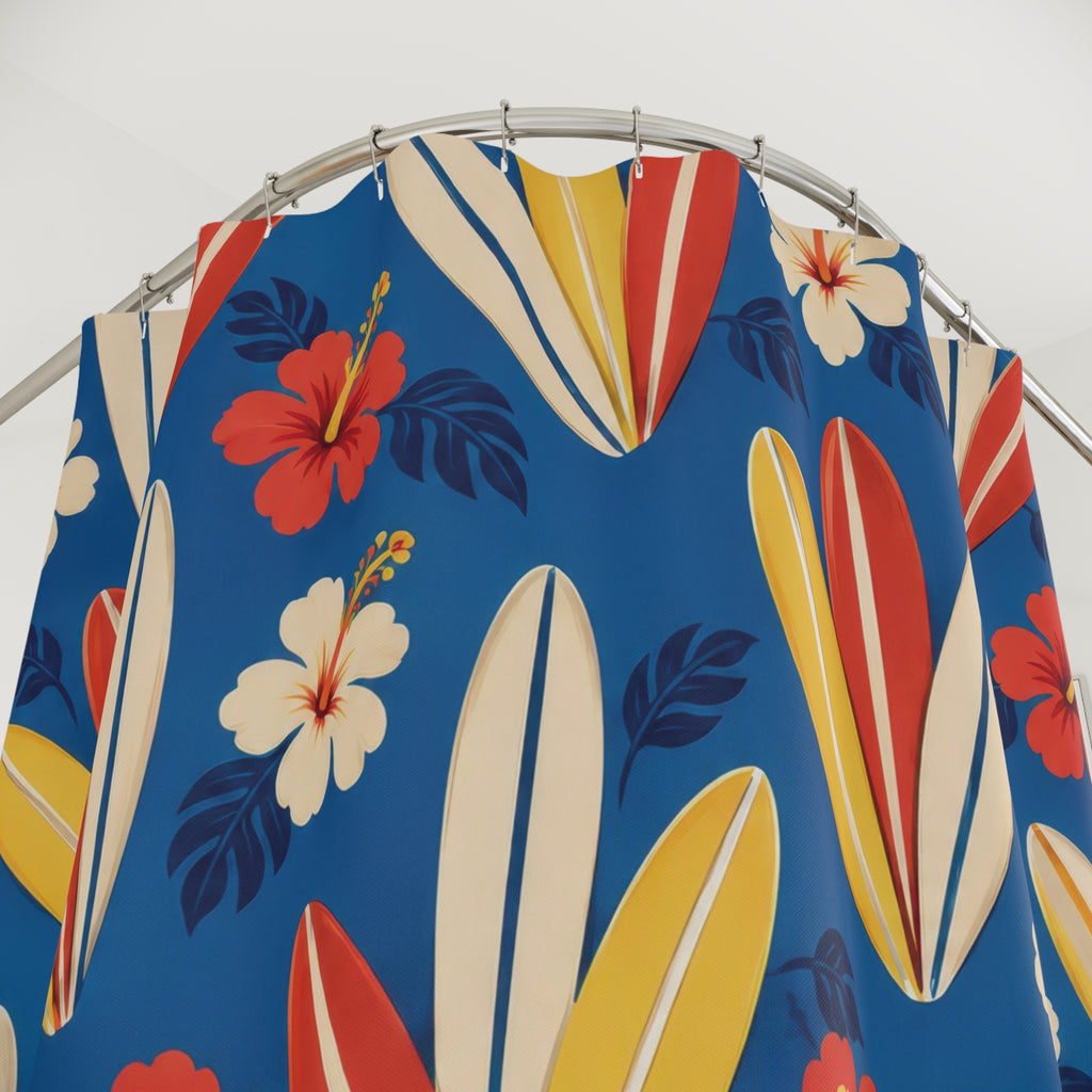 Hawaiian surfboards and hibiscus on blue shower curtain with close-up print, hooks, and folds
