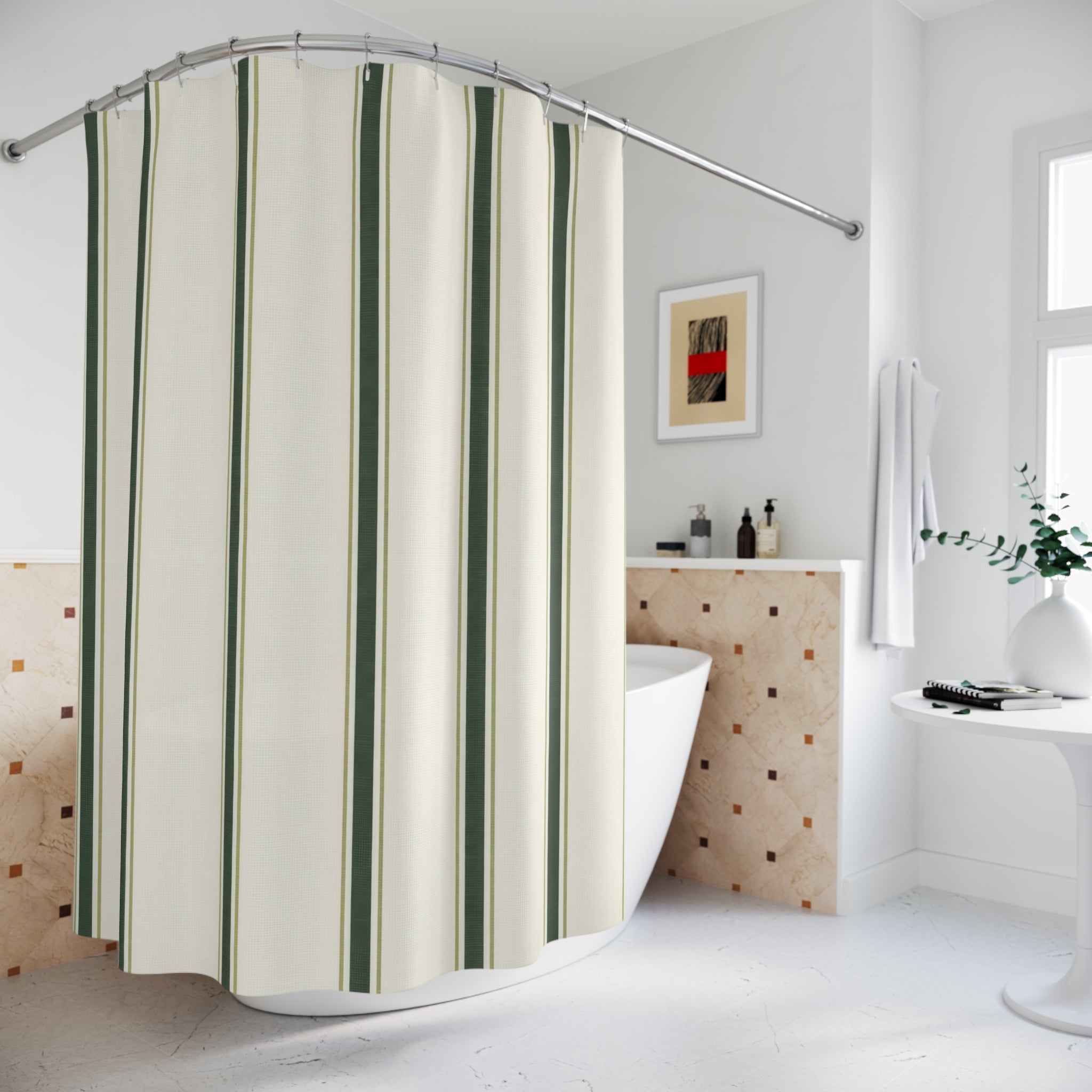 Green Striped Shower Curtain, Dark Green Pinstripe Bath Decor, Cream Farmhouse Pattern, Guest Bathroom Style, Classic Green Stripe Style
