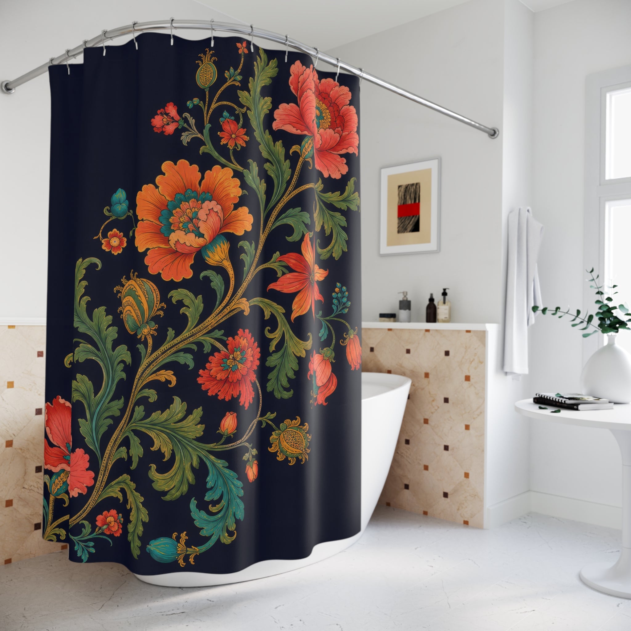 Navy jewel tone Jacobean serpentine floral shower curtain beside a freestanding tub