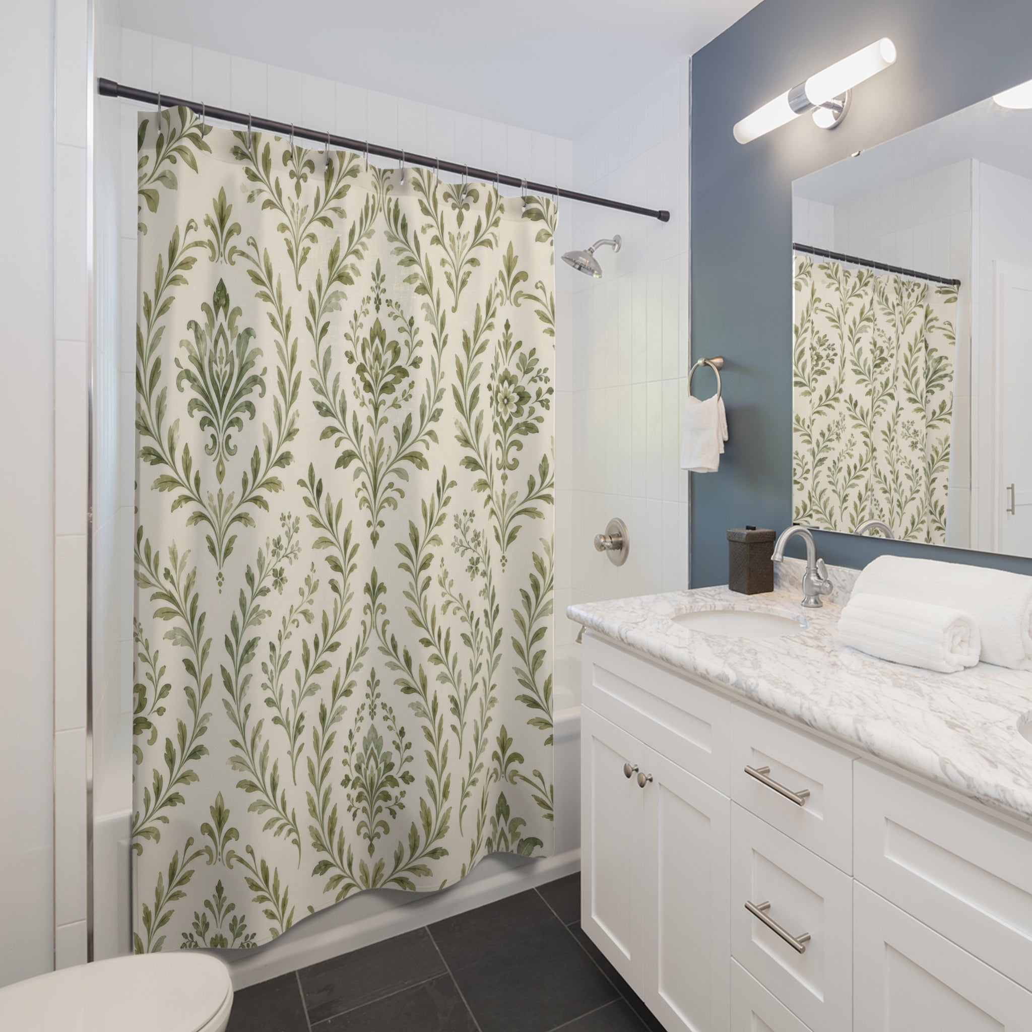 Olive Green Damask Shower Curtain