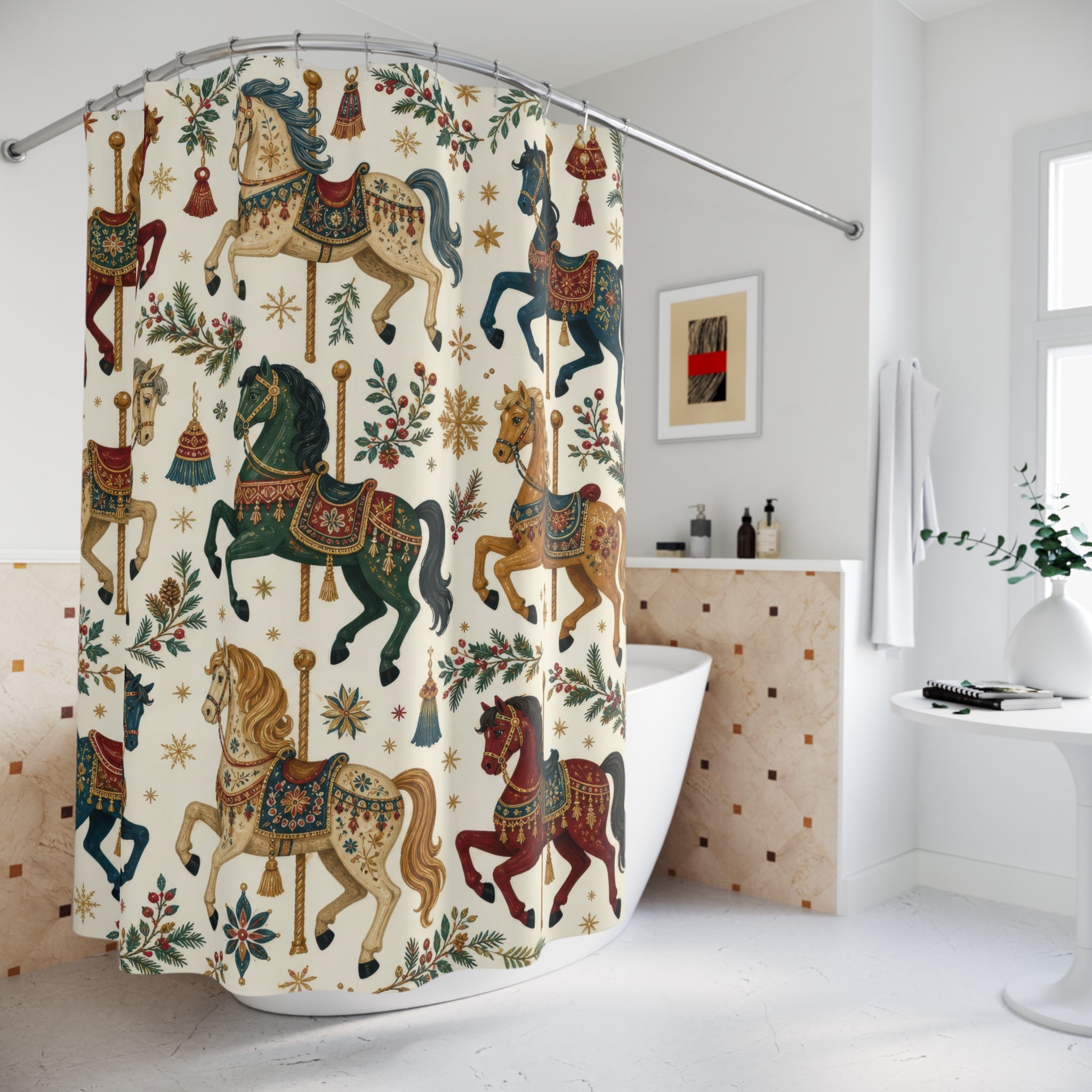 Christmas Holiday Shower Curtain, Folk Art Carousel Horse Pattern, Teal Cranberry Winter Bathroom Decor, Festive Guest Bath Gift