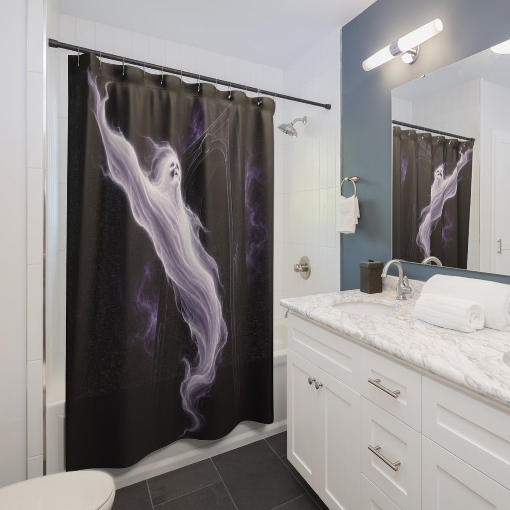 Pearl white ghost emerging from a black threshold shower curtain beside a white vanity