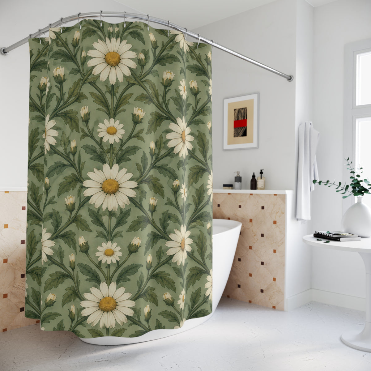 Sage green ivory daisy trellis shower curtain beside a freestanding tub