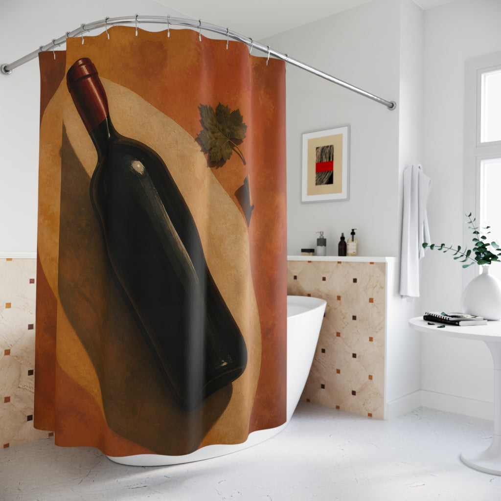 Diagonal wine bottle with cork and grape leaf shower curtain beside a freestanding tub