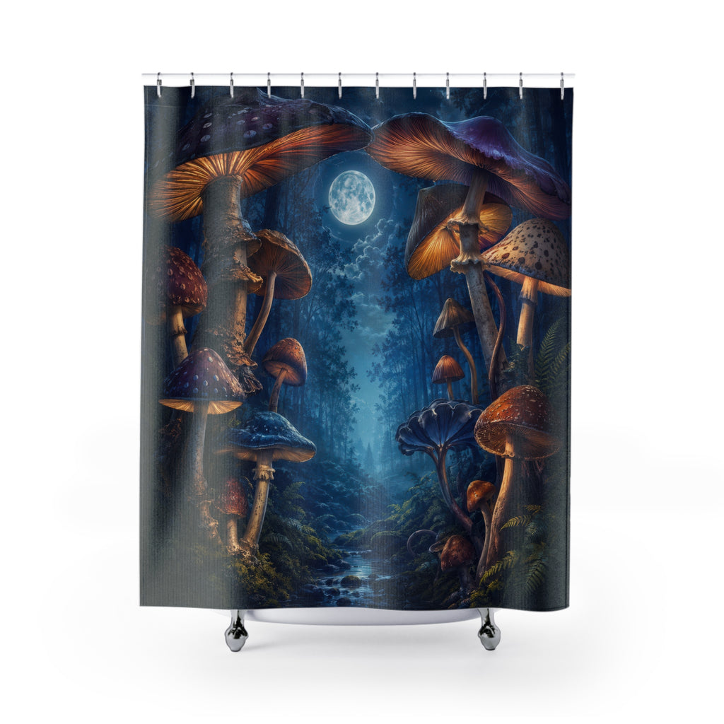 Moonlit mushroom forest with glowing amber gills shower curtain with full front view