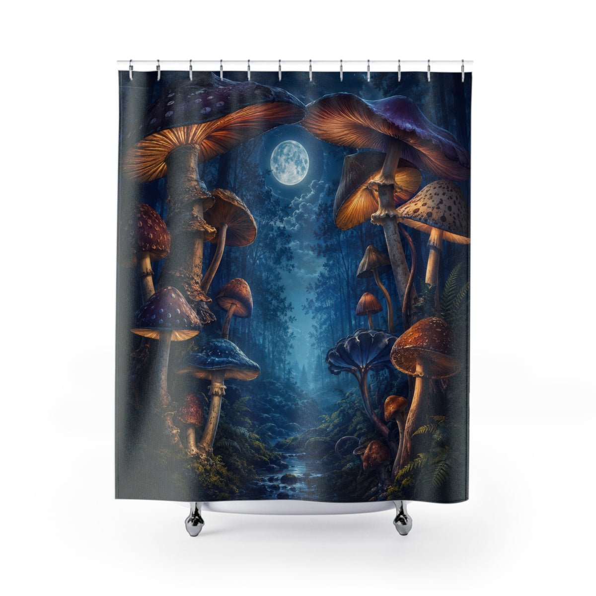 Moonlit mushroom forest with glowing amber gills shower curtain with full front view
