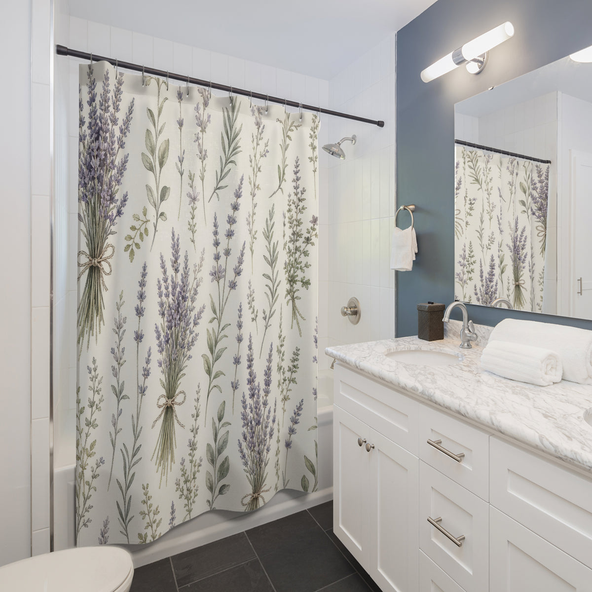 Purple Herb Botanical lavender pattern shower curtain beside a white vanity