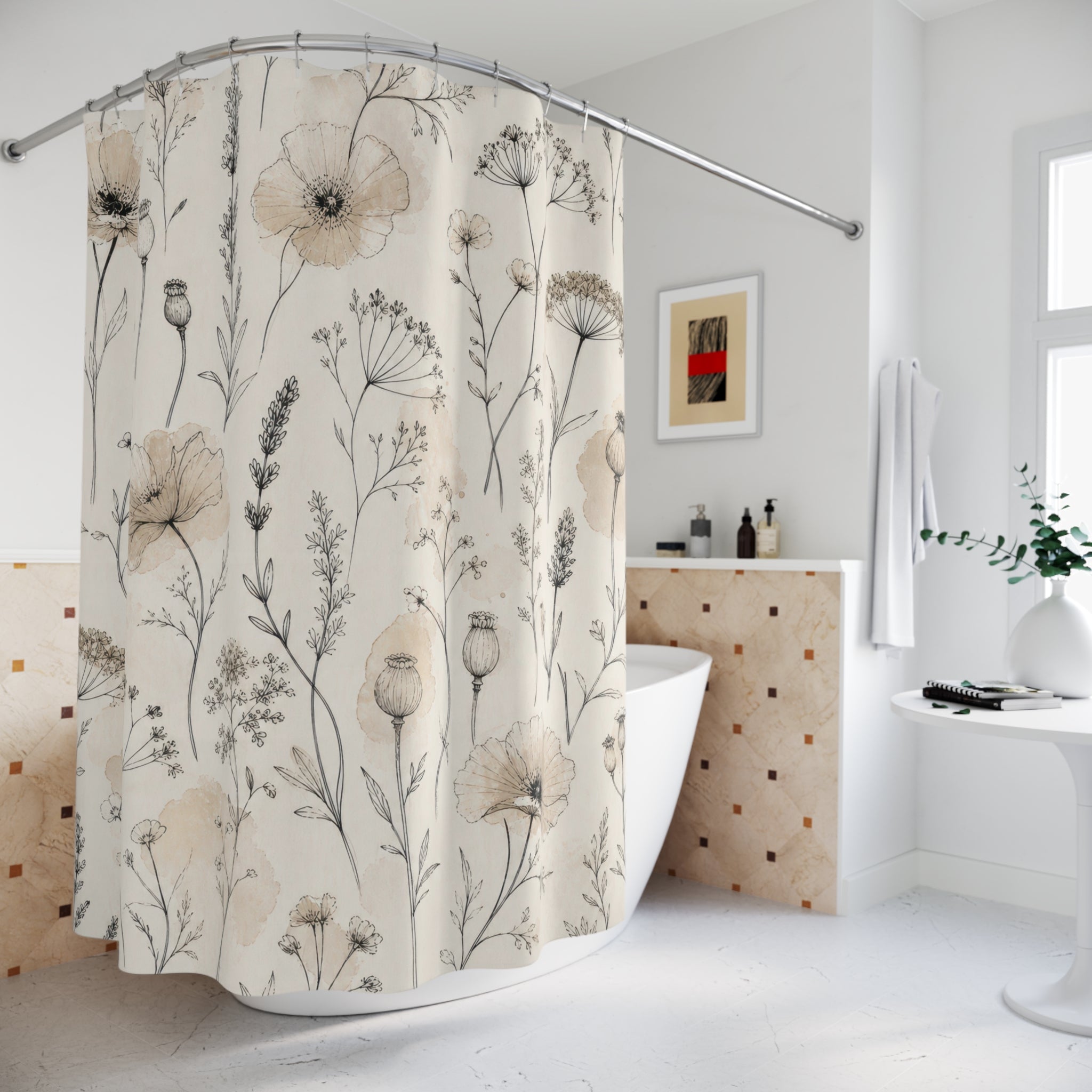 Beige Wildflower Botanical Shower Curtain