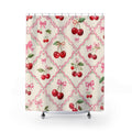 Red cherries and pink bows in a cream trellis pattern shower curtain with full front view
