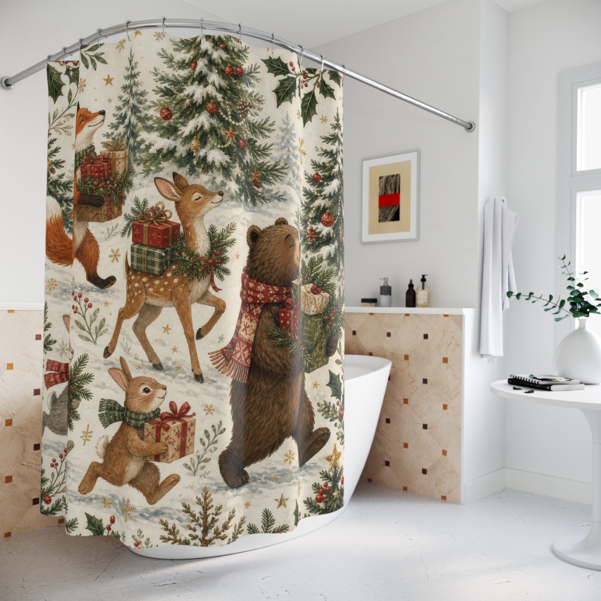 Woodland Animal Christmas Gift Parade Shower Curtain